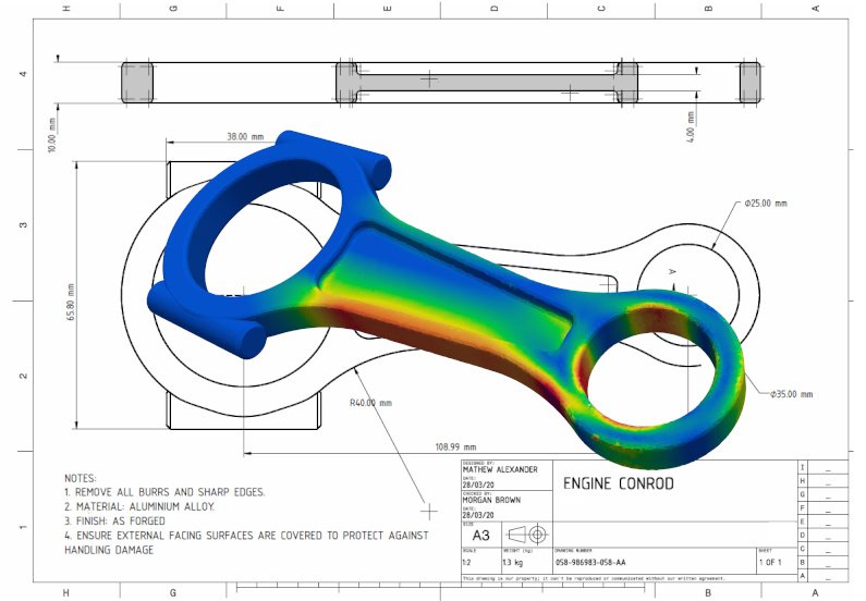 Von Mises engineering stress plot of an engine connecting rod on technical drawing