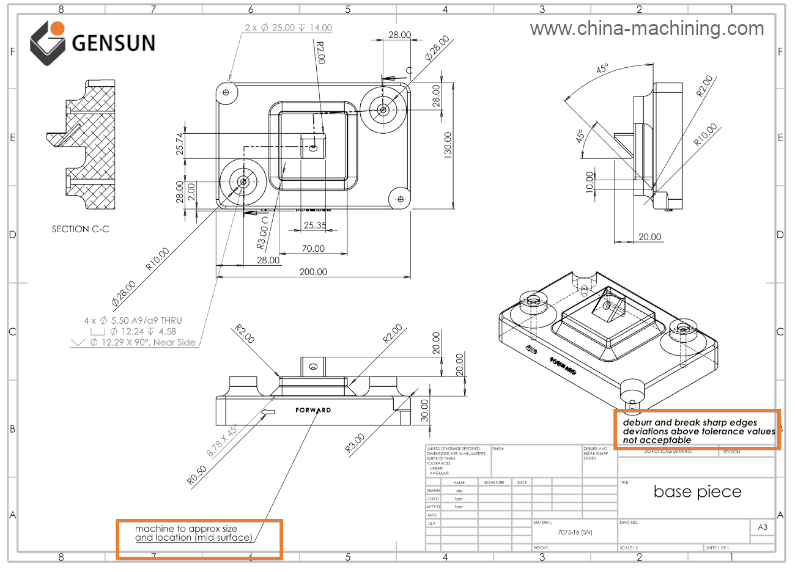 Technical drawing showing note to manufacturer